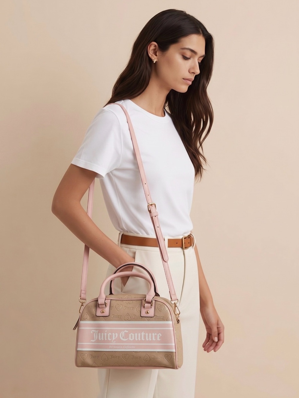 Juicy Couture Pink and Beige Logo Dome Satchel with Strap NWOT